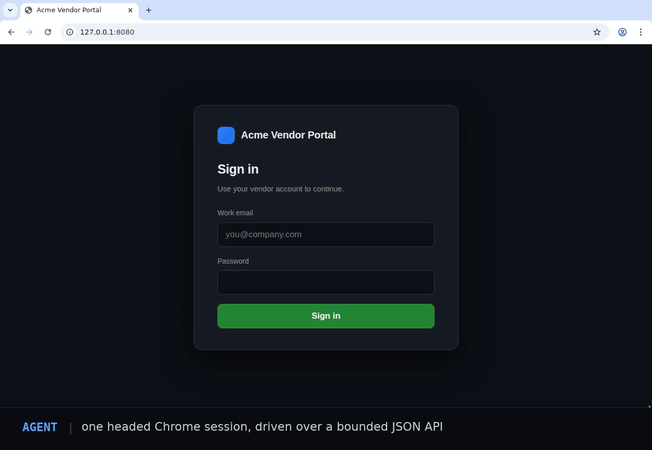 An agent signs in through the Agent Browser JSON API, stops at a two-factor prompt it cannot answer, a human takes over the same live session and types the code, and the agent resumes and reads the dashboard